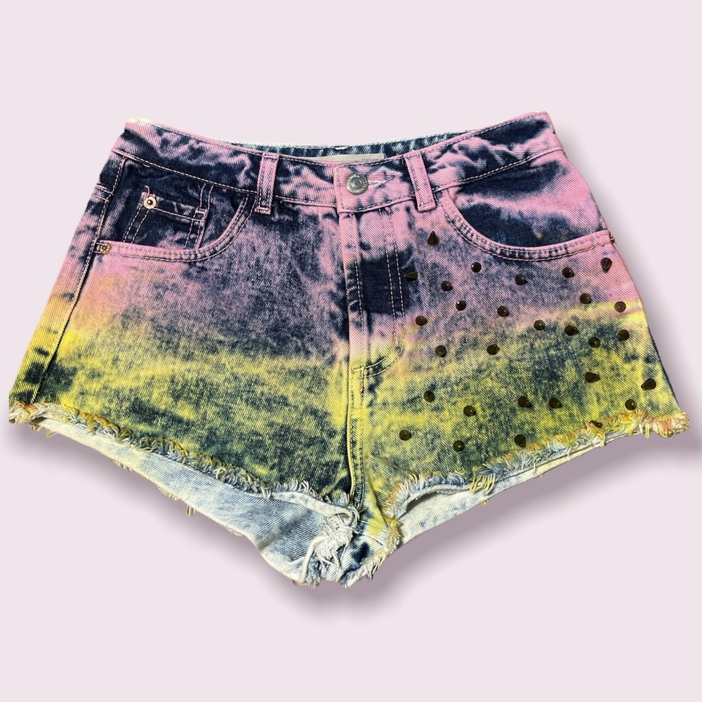 Topshop Studded Tie Dye Moto Cheeky Jean Short